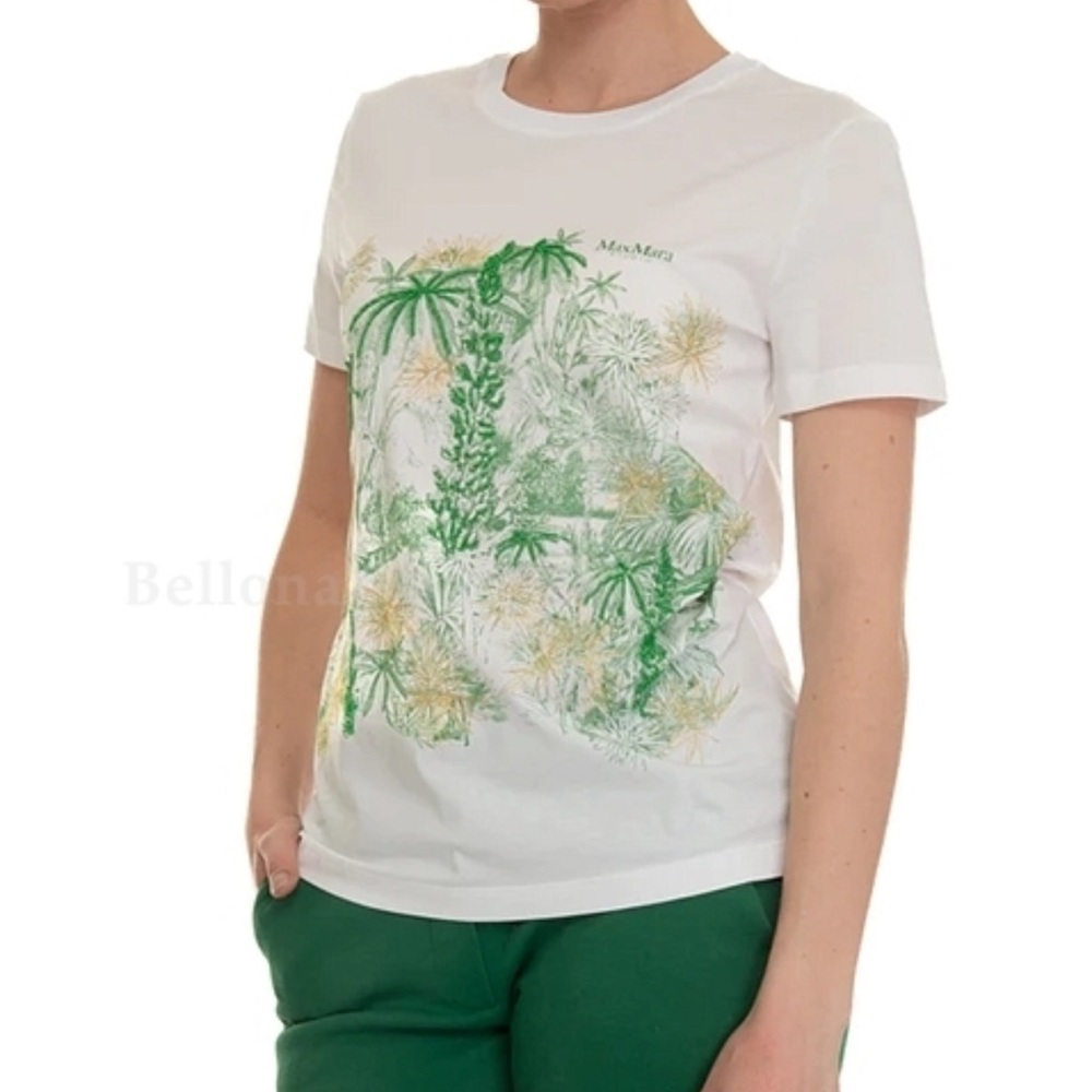 MaxMara White Short Sleeve Tee with Green and Gold Botanical Print - Picture 14 of 14